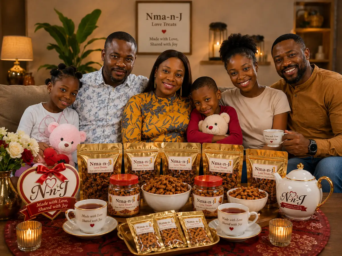 Beautifully packaged Nma-n-J Love Treats chin-chin arranged for sharing at a family gathering, with premium cups and sachets presented attractively.