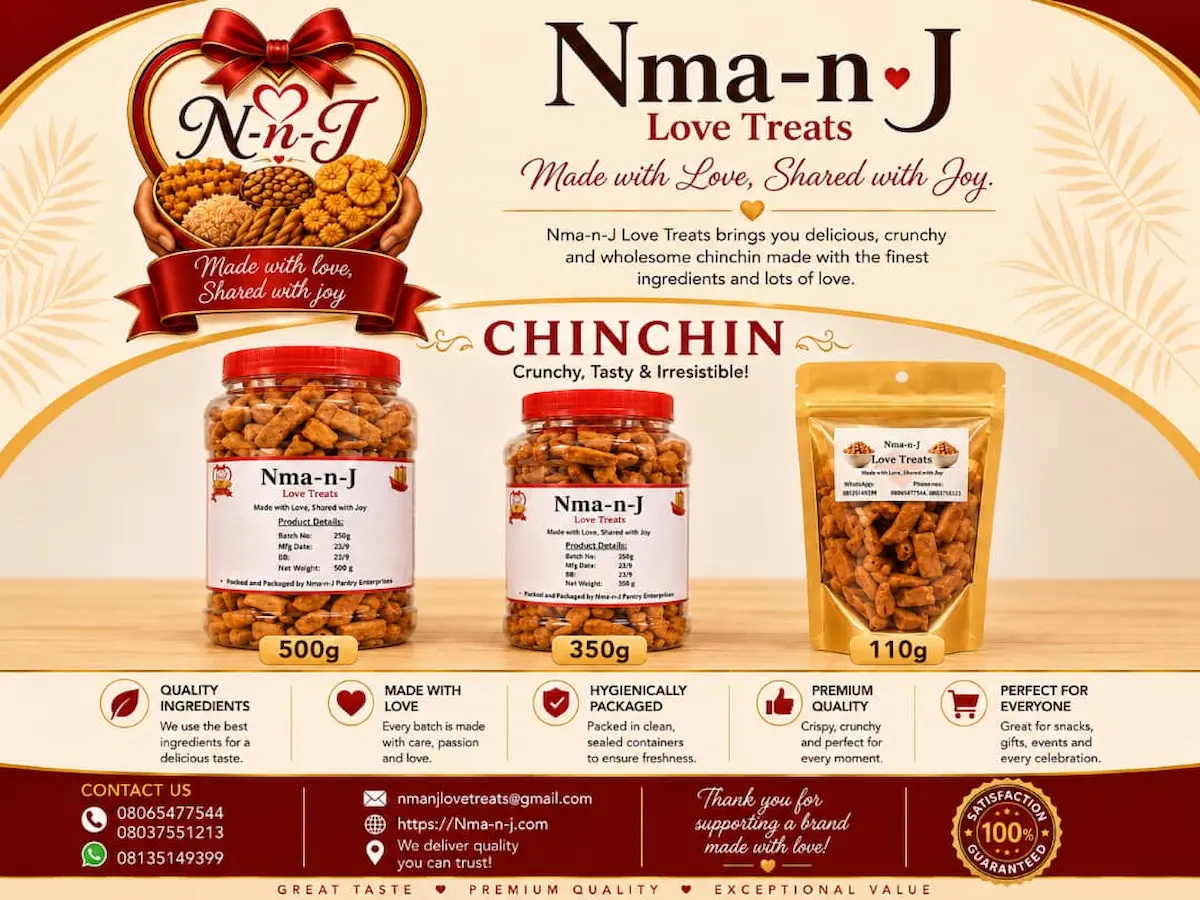 Nma-n-J Love Treats golden handmade chin-chin beautifully presented in premium packaging.
